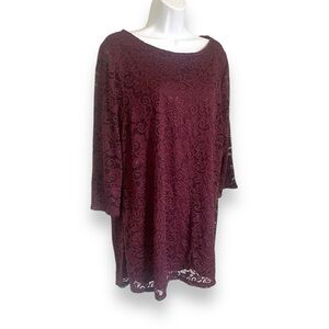 Liz Claiborne XL Burgundy Lace Overlay Dress Lined 3/4 Sleeve Cocktail Blouse